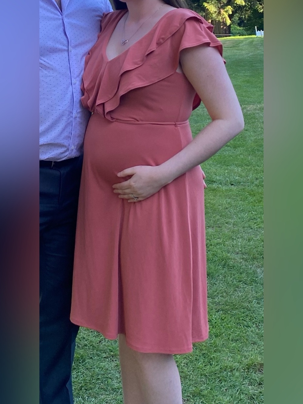 Jessica Simpson Ruffle V-Neck Maternity Dress in salmon pink color